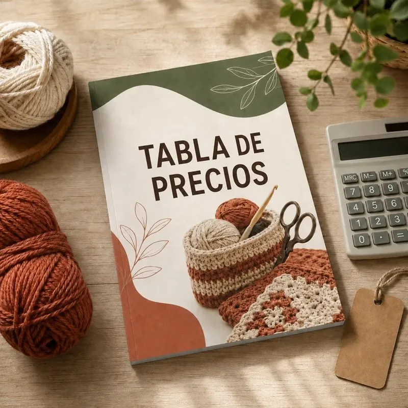 Portada de la tabla de precios sobre la mesa con ovillos al lado.
