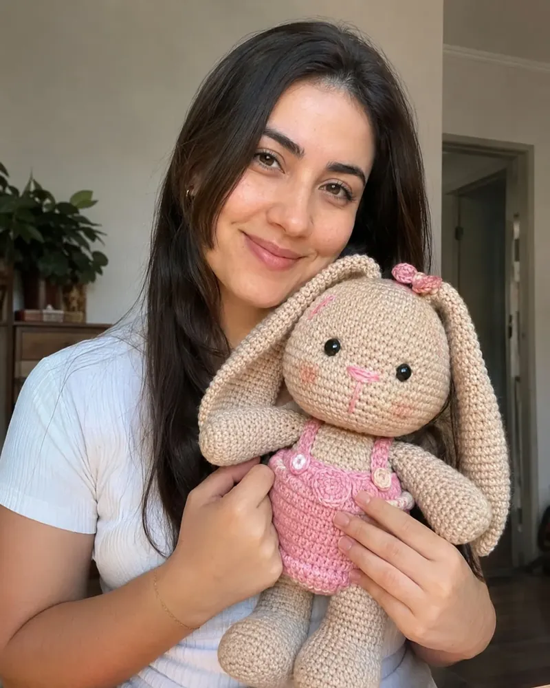 Clienta sosteniendo una conejita de crochet hecha por ella.