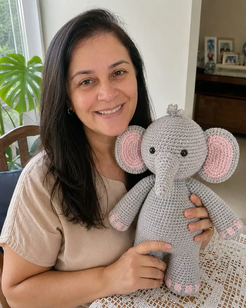 Clienta sosteniendo un elefantito gris de crochet hecho por ella.
