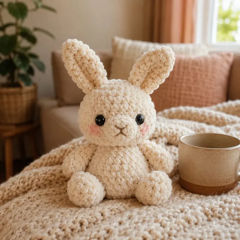 Conejito de crochet en hilo de terciopelo crema sentado sobre una manta, junto a una taza.