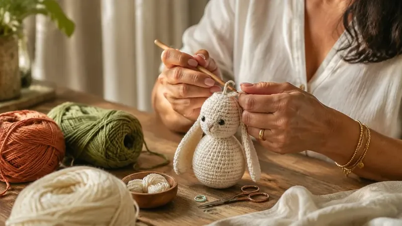Primer plano de las manos sosteniendo una aguja de crochet de madera mientras cierran la cabeza de un conejito.
