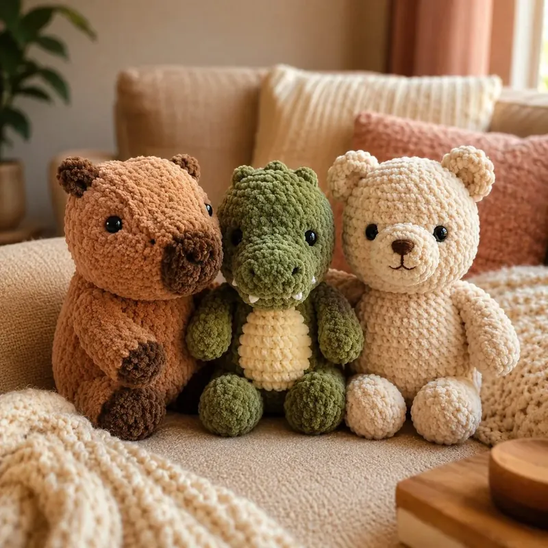 Capibara, cocodrilito y osito de crochet sentados en el sofá.
